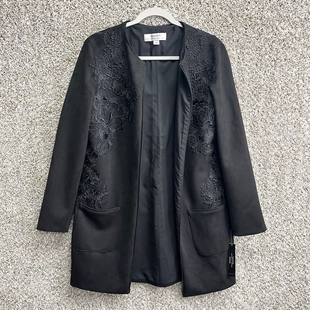 Tahari Black Suede Floral Embroidered Open Long Cardigan Jacket in Size 8 NWT